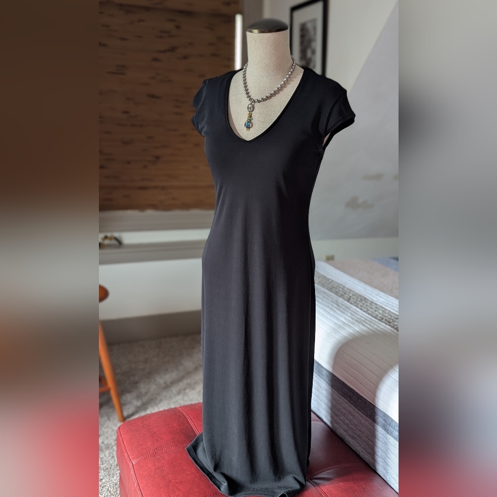Gap Factory Black Sheath Maxi Dress with V-Neck Cap Sleeves